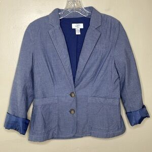LOFT Petites Chambray Blazer Blue Cotton Single Breasted Gathered Lower Back 2P